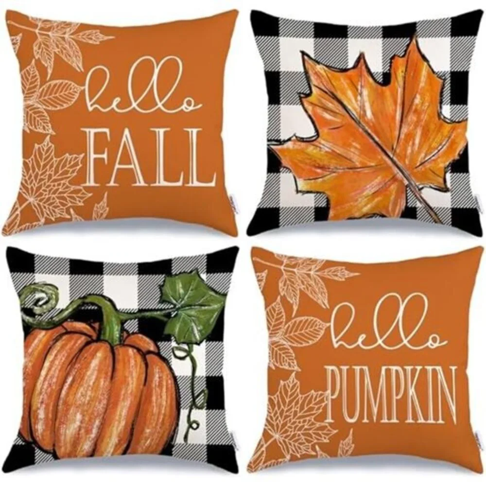 Set of 4 Fall Pillow Covers 18x18‎ - Buffalo Plaid, Pumpkin & Maple Leaves,